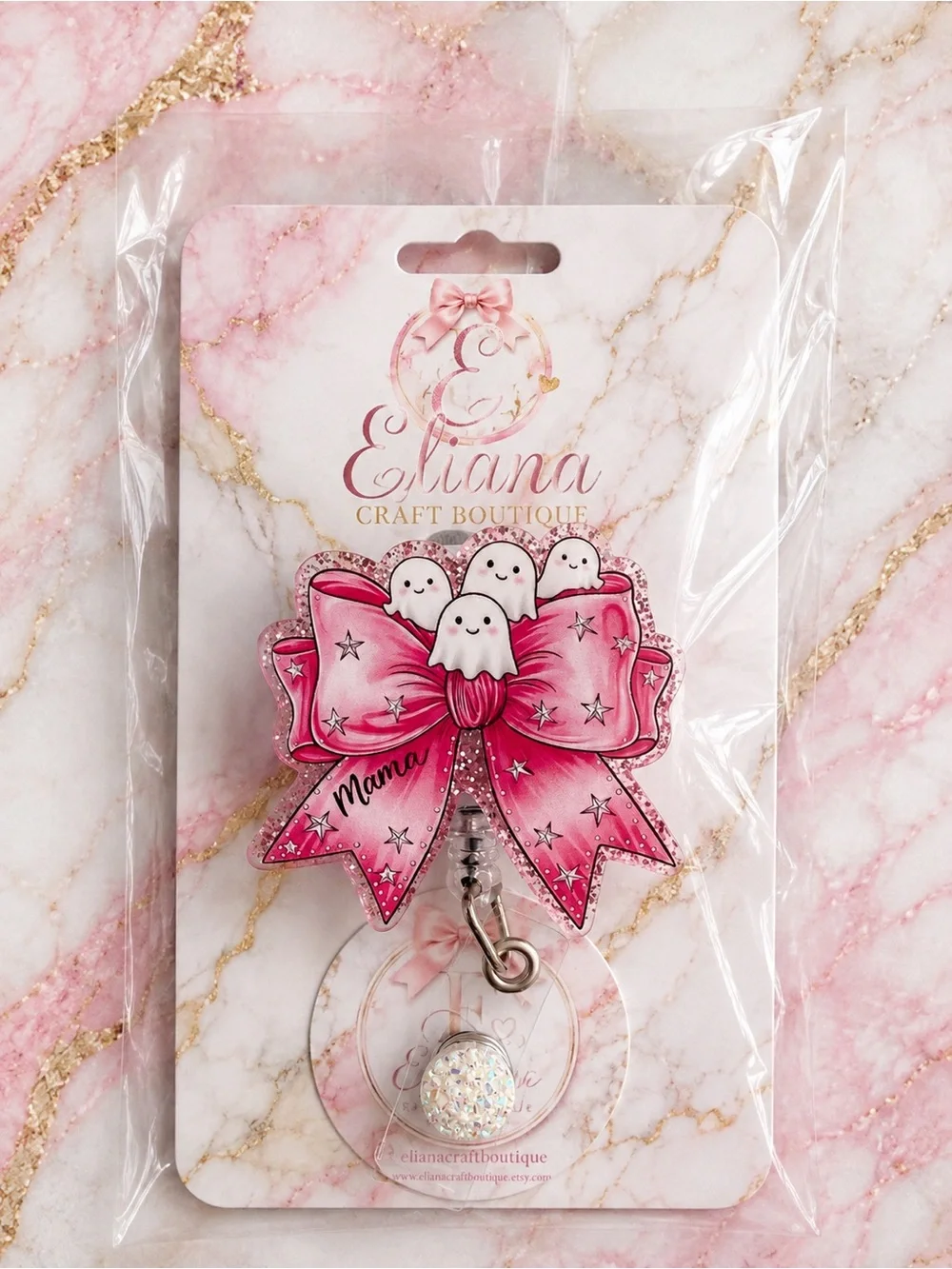 Pink 'Mama' ghost Bow badge reel